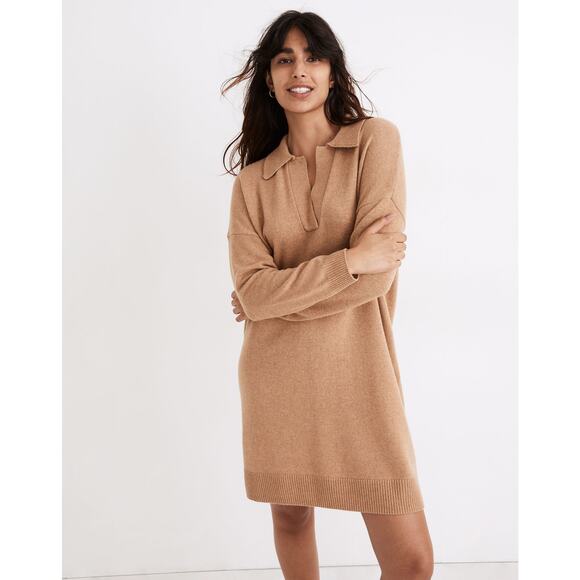 Madewell Polo Sweater Dress Tan Neutral Small Merino Wool Blend Preppy - Picture 6 of 6